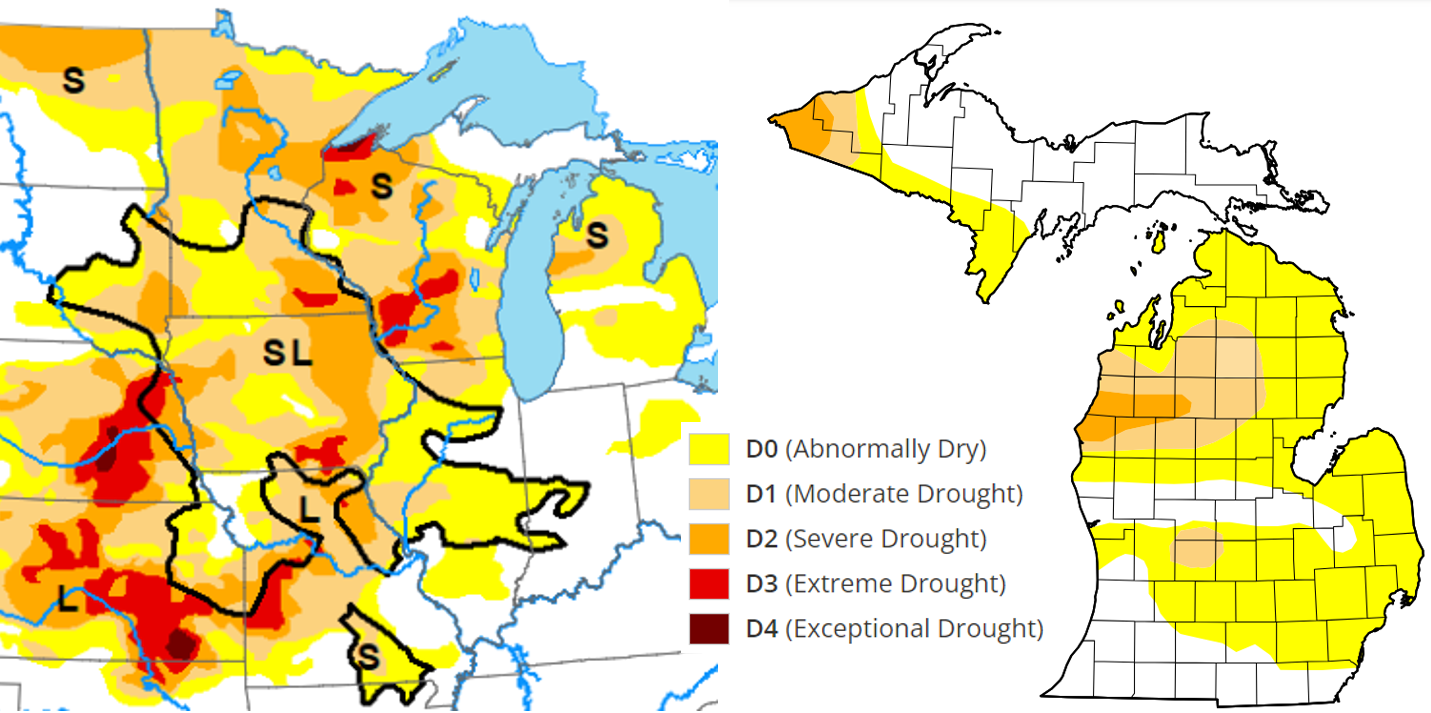 Drought monitor showing areas of drought in Michigan and the Midwest.